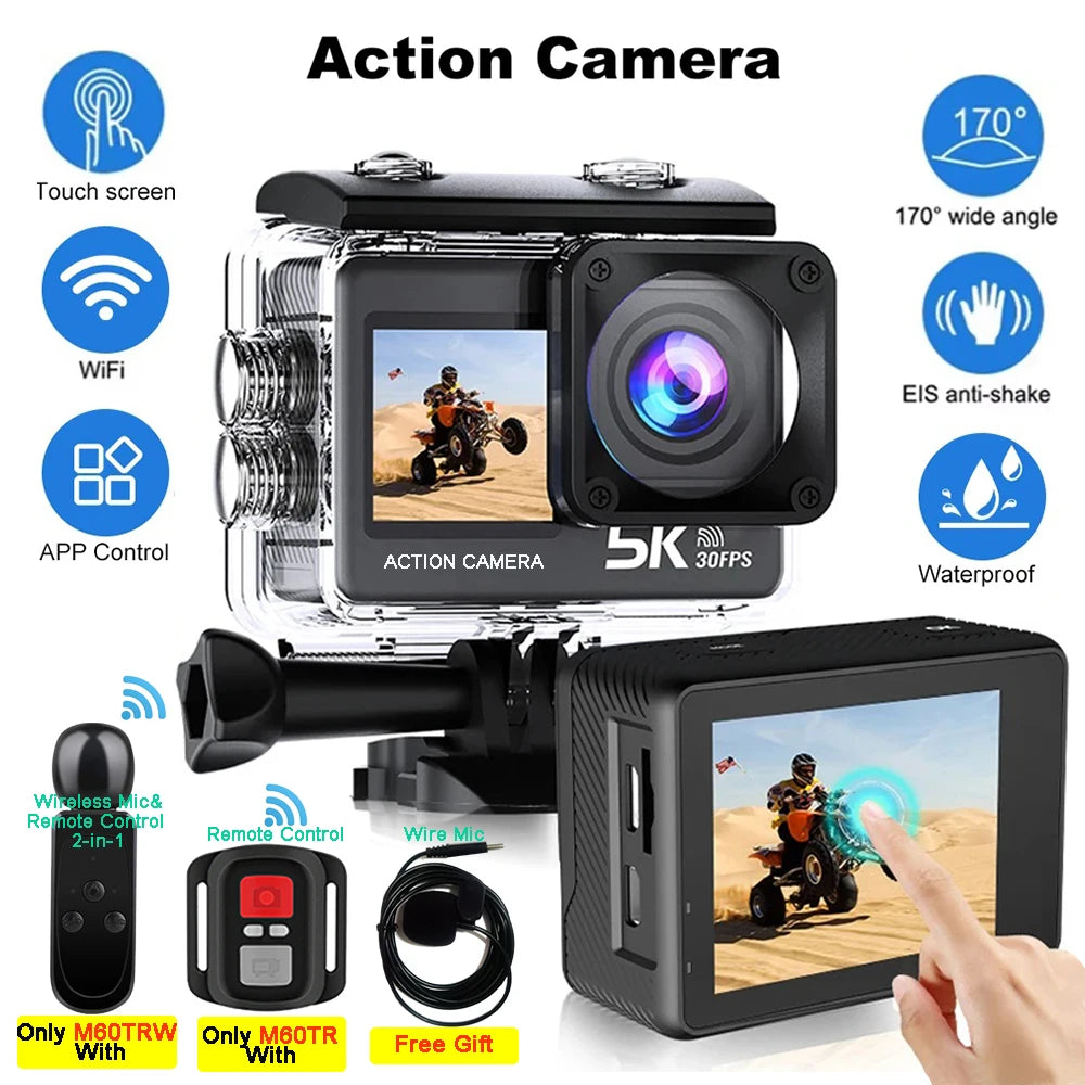 5K 4K60FPS Action Camera 50MP Dual Screen Touch Display WiFi EIS Waterproof Sports Camera with Wireless Microphone Support