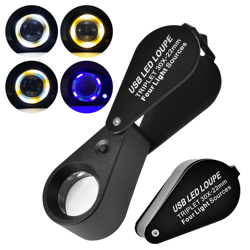 30X Rechargeable LED UV Jewelry Loupe 4 Light Modes Pocket Magnifier