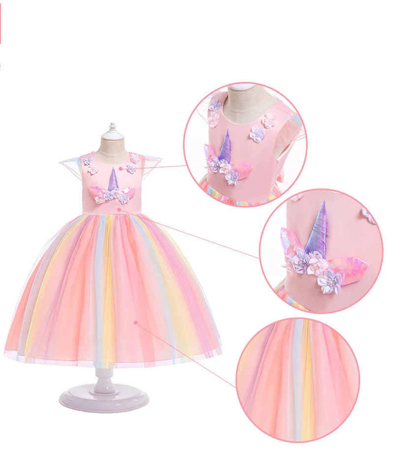 Rainbow Unicorn Princess Dress with Bow and Tulle Skirt Birthday Party Costume