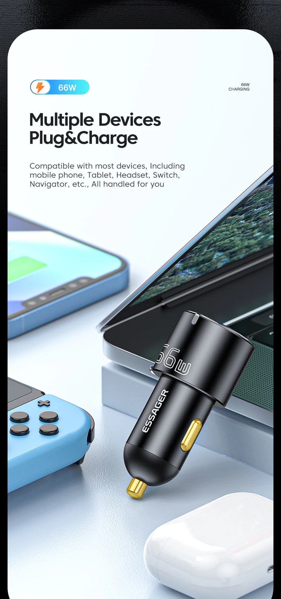 66W USB-C + USB-A Fast Car Charger (PD + QC 3.0)