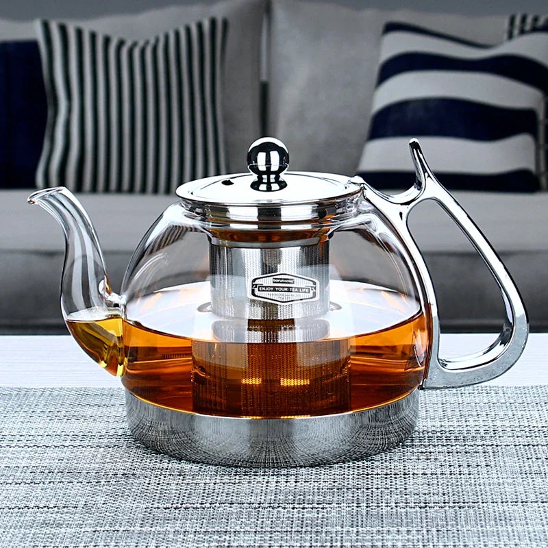 Heat Resistant Glass Teapot with Stainless Steel Filter Large Capacity Induction Kettle 1.2L