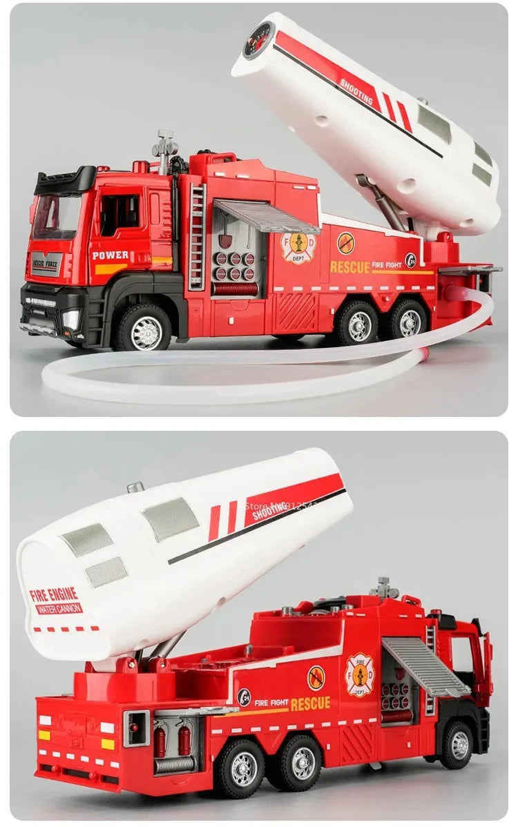 1:32 Scale Container Truck Fire Trucks Model Car Toy Pull Back Music Light Metal Diecast Doors Opened Vehicles Toys for Gift
