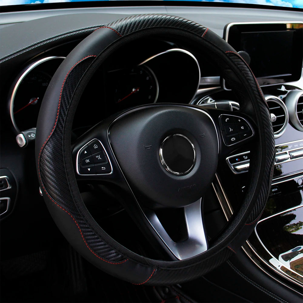 PU Carbon Fiber Leather Car Steering Wheel Cover 37CM 38CM