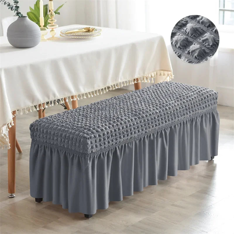 Stretch Long Bench Cover with Skirt Seersucker Ottoman Covers Elastic Piano Stool Protector Bedroom Bedside Footrest Slipcovers