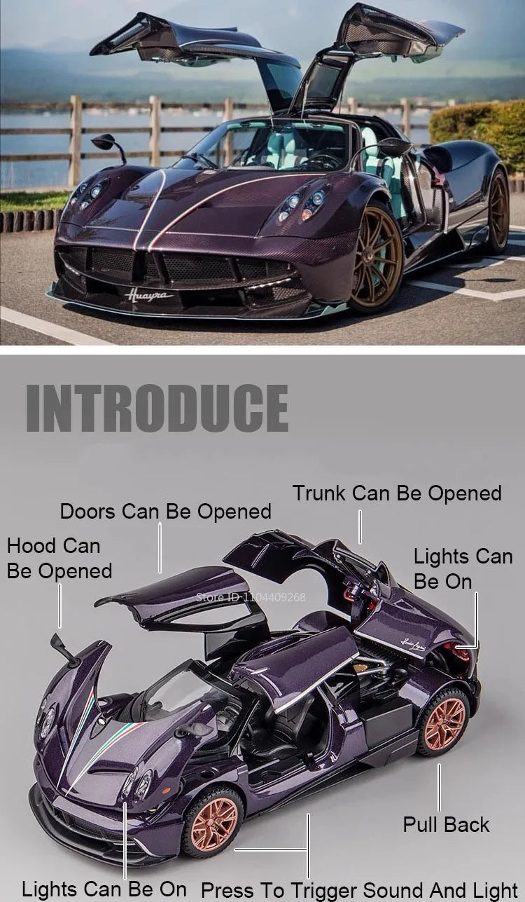 1:32 Scale Pagani Dinastia Huayra BC Car Model Toy Sound Light Gull Wing Door Alloy Diecast Supercar Models Boys Gifts