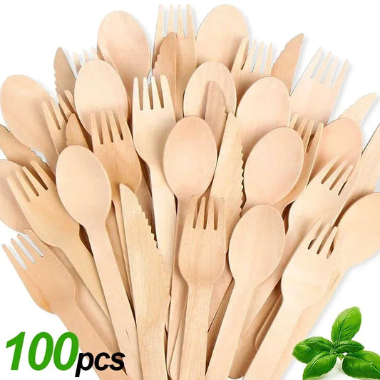 New Disposable Wooden Knife Fork Cutlery Set for Wedding Birthday Party Utensil Dessert Cake Spoons Kitchen Tableware Supplies