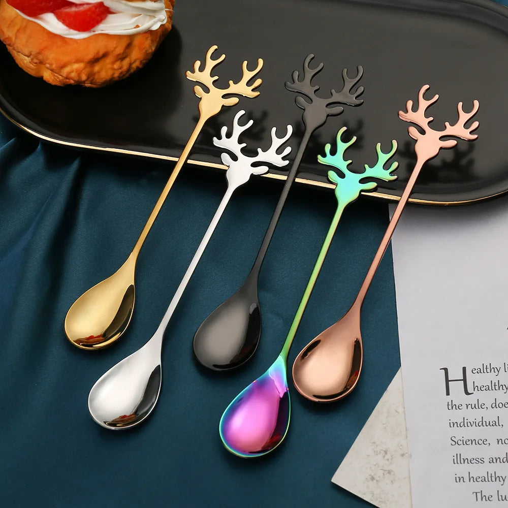 Nordic Dessert Spoon Elk Stainless Steel Coffee Spoons Stirring Tablespoon Little Deer Shape Christmas Tableware New Year Gift