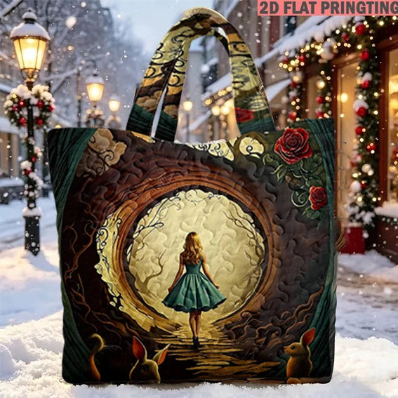Alice Wonderland Rabbit Print Quilted Tote Bag Large Capacity Shoulder Handbag