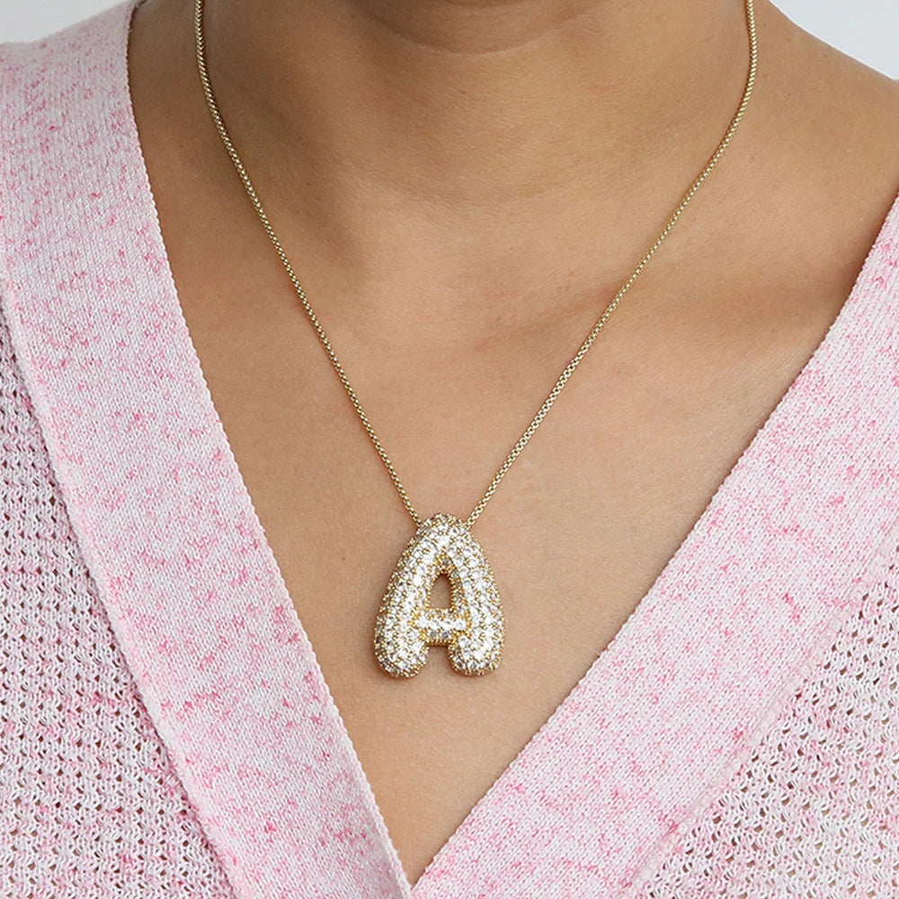 Sparkly Zircon Letter Initial Necklace for Women Box Chain Gold Plated Balloon Bubble A-Z Pendant Necklaces