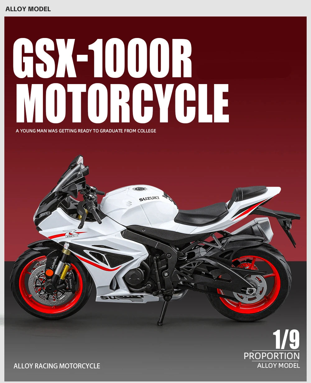 Diecast Suzuki GSX 1000R Racing Motorcycle Model 1 to 9 Scale
