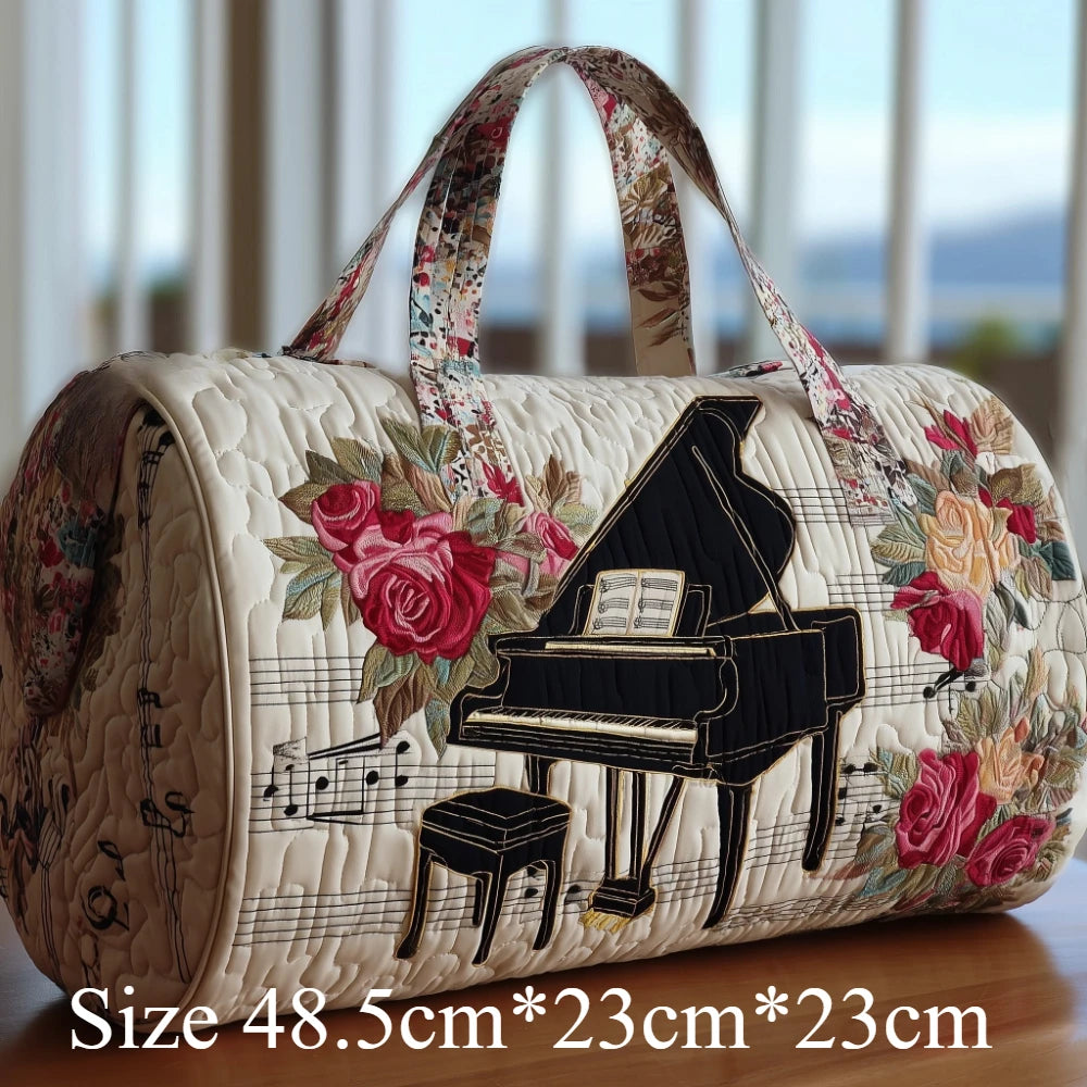 3D Printed Quilted Music Tote Bag Guitar Piano Floral Rose Design Travel Duffle Bag Carry on Luggage Unique Weekender Bag