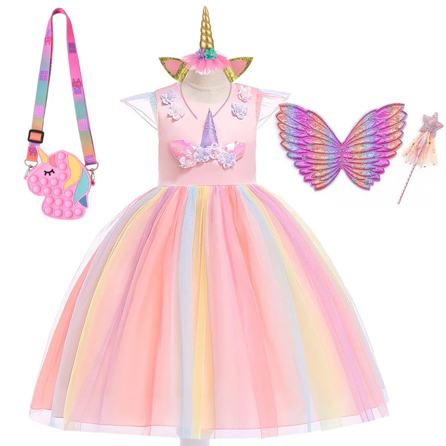 Rainbow Unicorn Princess Dress with Bow and Tulle Skirt Birthday Party Costume