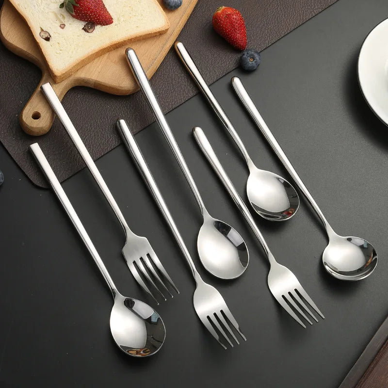 Silver Stainless Steel Tableware Set Korean Style Large Long Handle Soup Spoon Fruit Salad Fork Kitchen Home Flatware Utensils