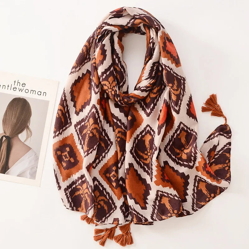 Beige Coffee Scarf Luxury Thin Women Scarves Spring Floral Hijab Veils Soft Cotton Shawl Wrap Tassel Viscose Muslim Woman Hijab