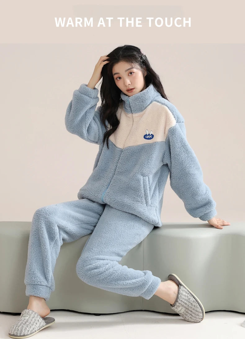 Women’s Winter Flannel Pajama Set – Warm Coral Fleece Loungewear with Cute Bunny Design