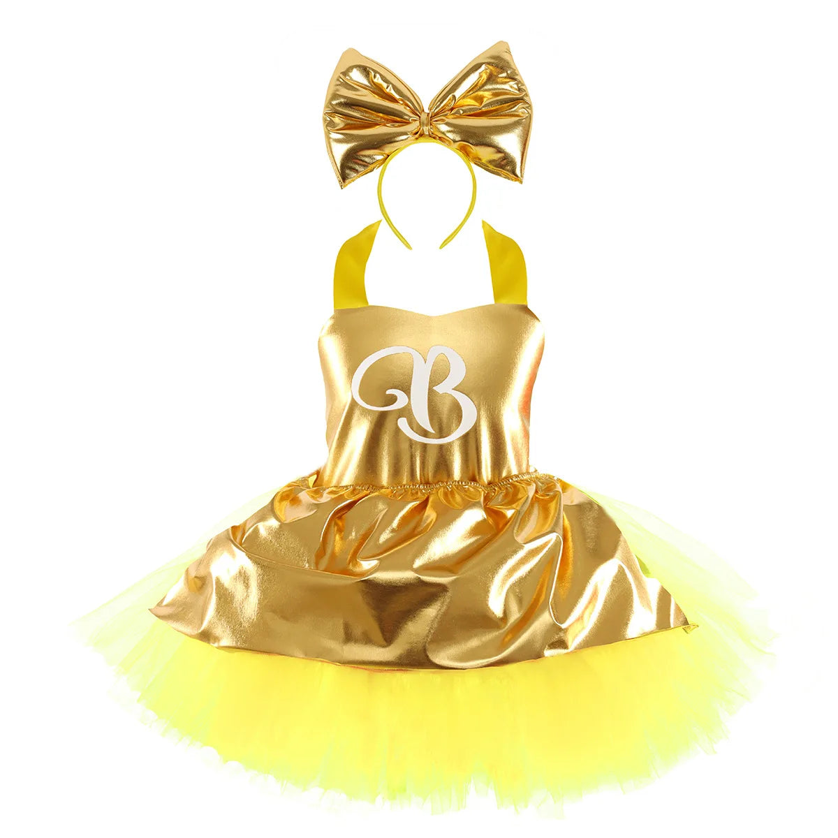 Golden Satin Tutu Dress with Bow Headband Birthday Party Costume