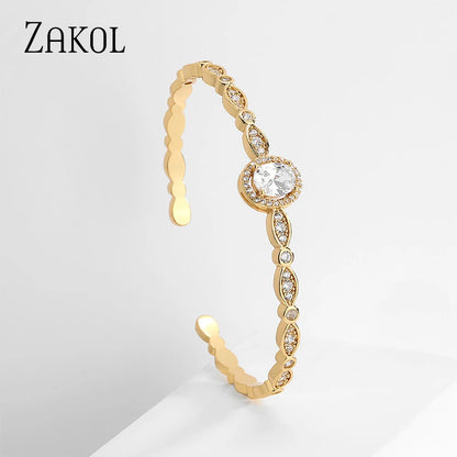 Elegant Oval Cubic Zirconia Charm Cuff Bangles for Women Luxury Gold Color Bracelets