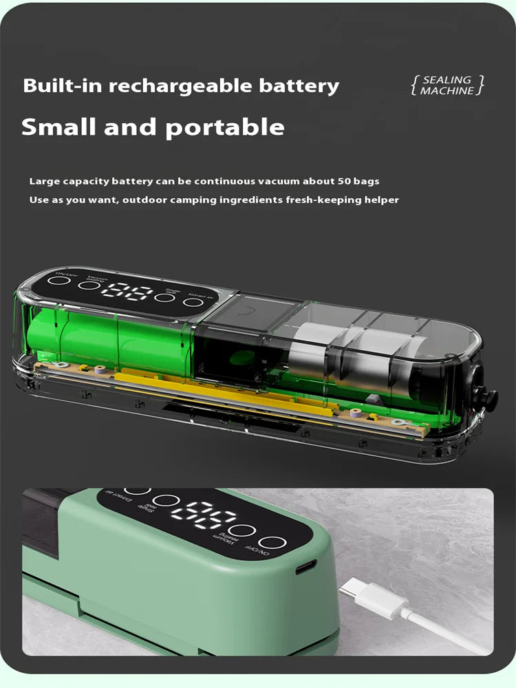 Portable USB Rechargeable Vacuum Sealer – Automatic Food & Snack Sealing Machine with 10 Vacuum Bags, 60KPa Strong Suction