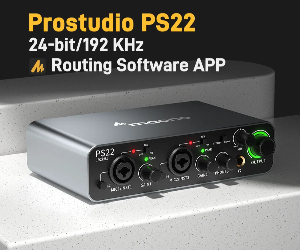 PS22 USB Audio Interface for PC,60dB Pro-Preamp, 24bit 192kHz,Dual USB Interface for PC and Smartphone, Routing Software