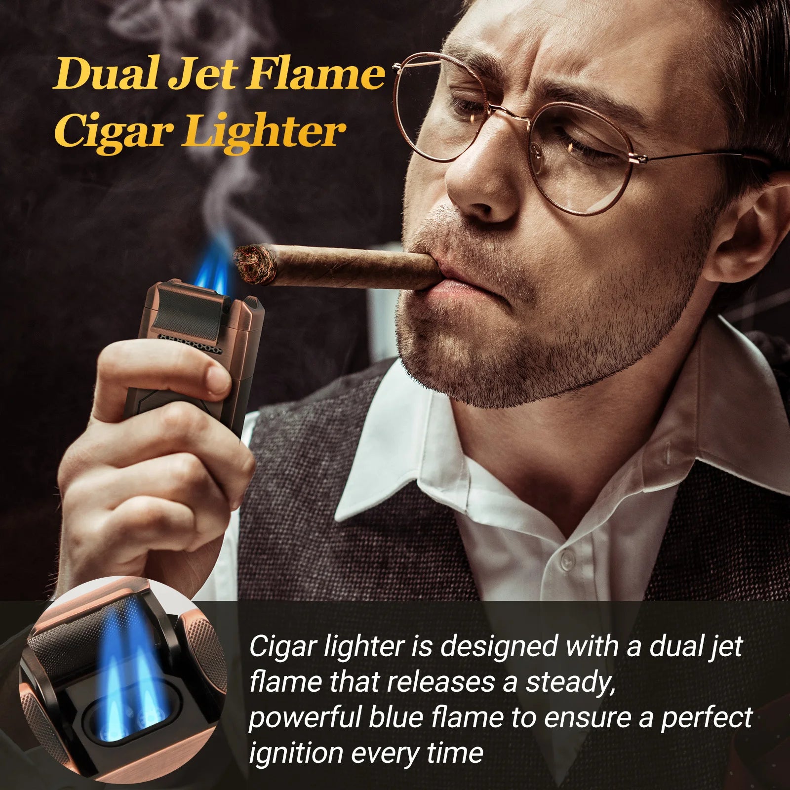 Cigar Lighter with Double Jet Flame, Refillable Cigar Torch Lighter with Cigar Holder, V-Cigar Cutter, Cigar Draw Enhancer