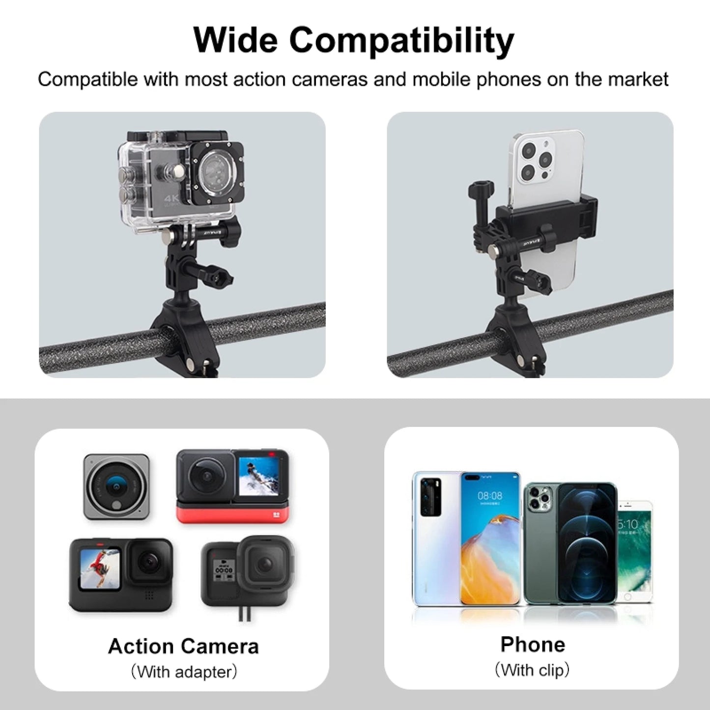 Bike Cycling Bracket Mount with Phone Clamp for iPhone Smartphones & for Gopro Sports Camera