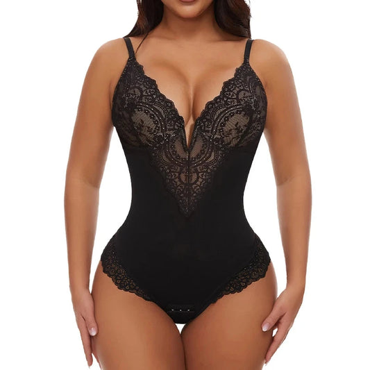 Lace Mesh Bodysuit for Women Tummy Control Shapewear V Neck Body Shaper Fajas Thongs Bustier