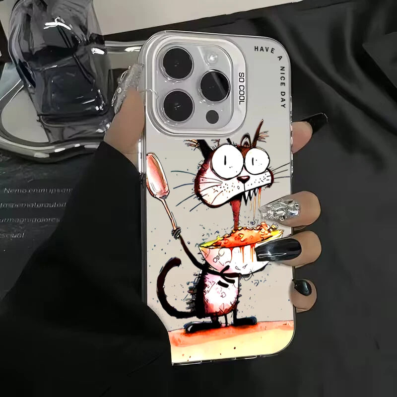 Personalized graffiti Cartoon Cat Phone Case For iPhone 15 16 Pro Max 14 Lens protect plating Cover