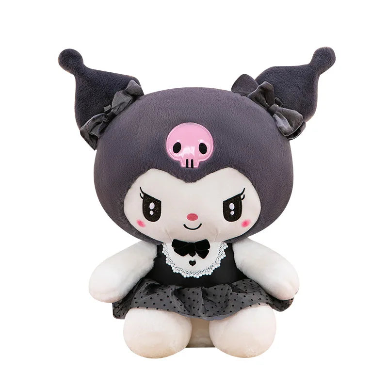 Kawaii Kuromi My Melody Plush Toy with Black Bow Skirt Cute Hello Kitty Stuffed Doll for Kids Birthday Xmas Gift Large Size Toy