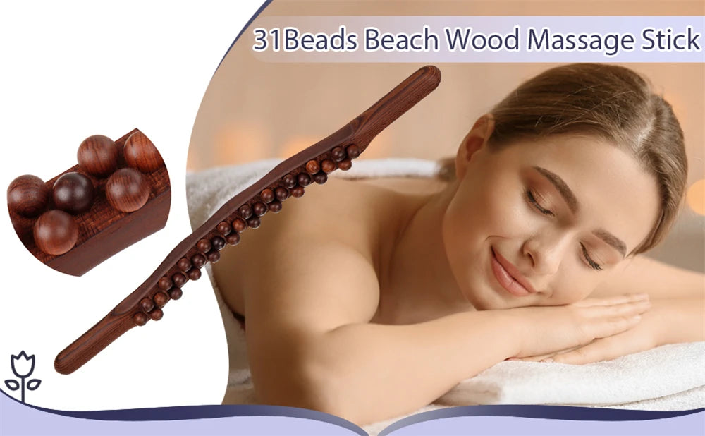 Guasha Wood Stick Tool Wood Therapy Massage Tool for Body Shaping,31 Beads Back Massage Roller Stick,Lymphatic Drainage Massager