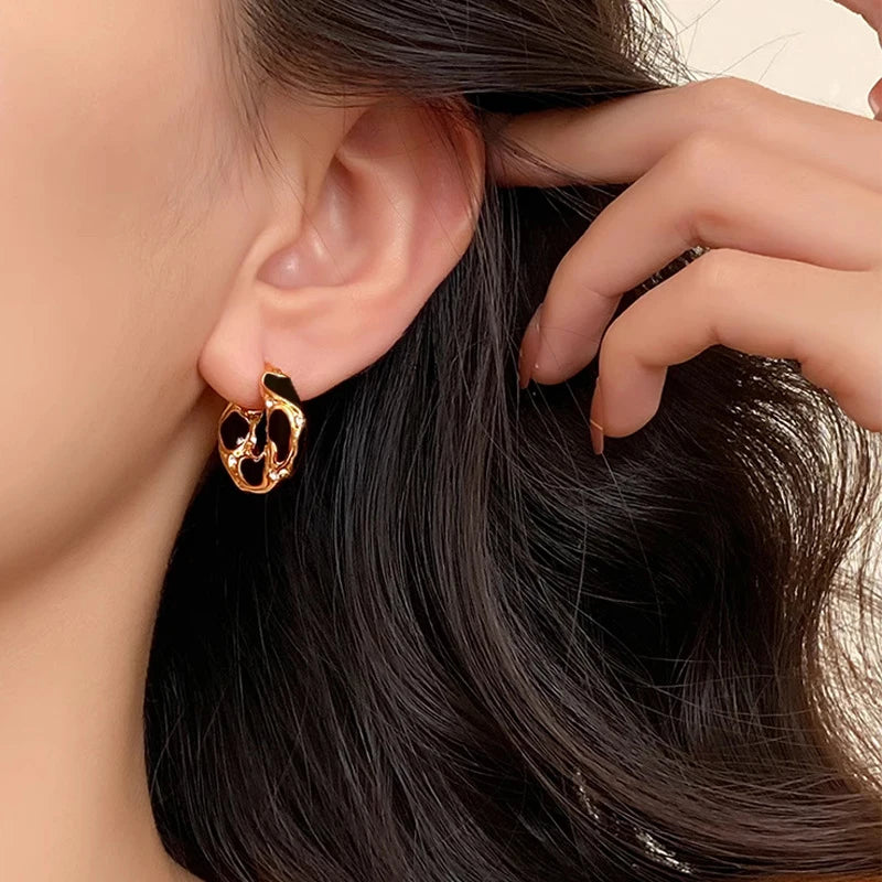 Trendy Enamel Color Metal Texture Small Hoop Earrings for Women Gold Plated Statement Ear Buckle