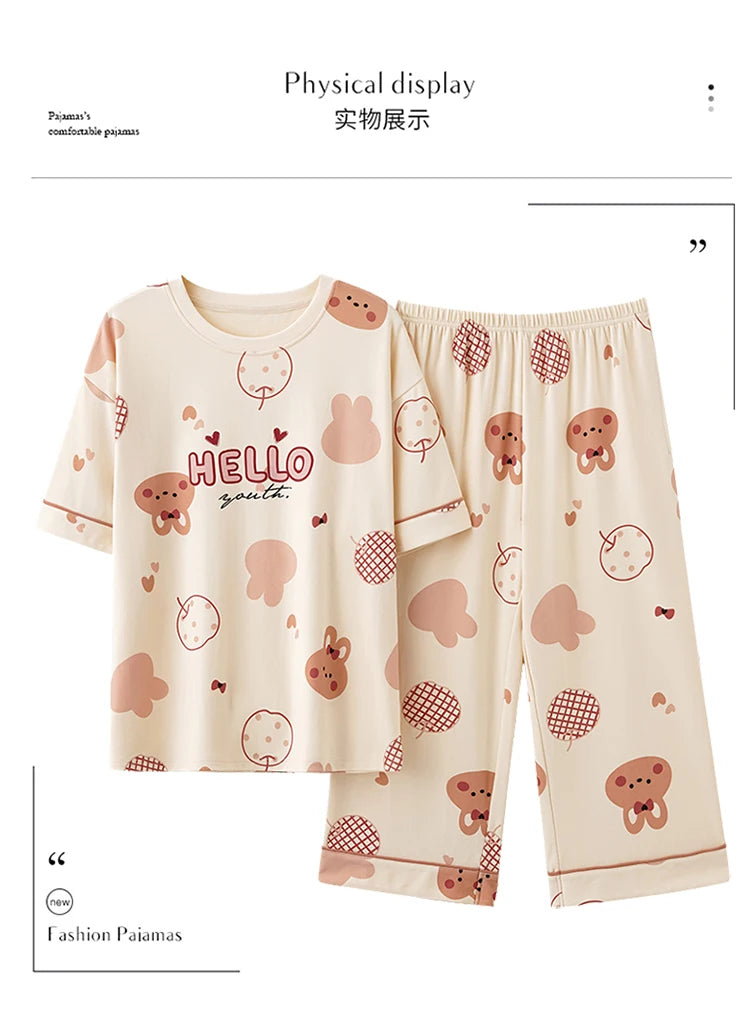 2-Pcs Women’s Cotton Pajama Set – Breathable Short Sleeve Summer Sleepwear with Cute Prints