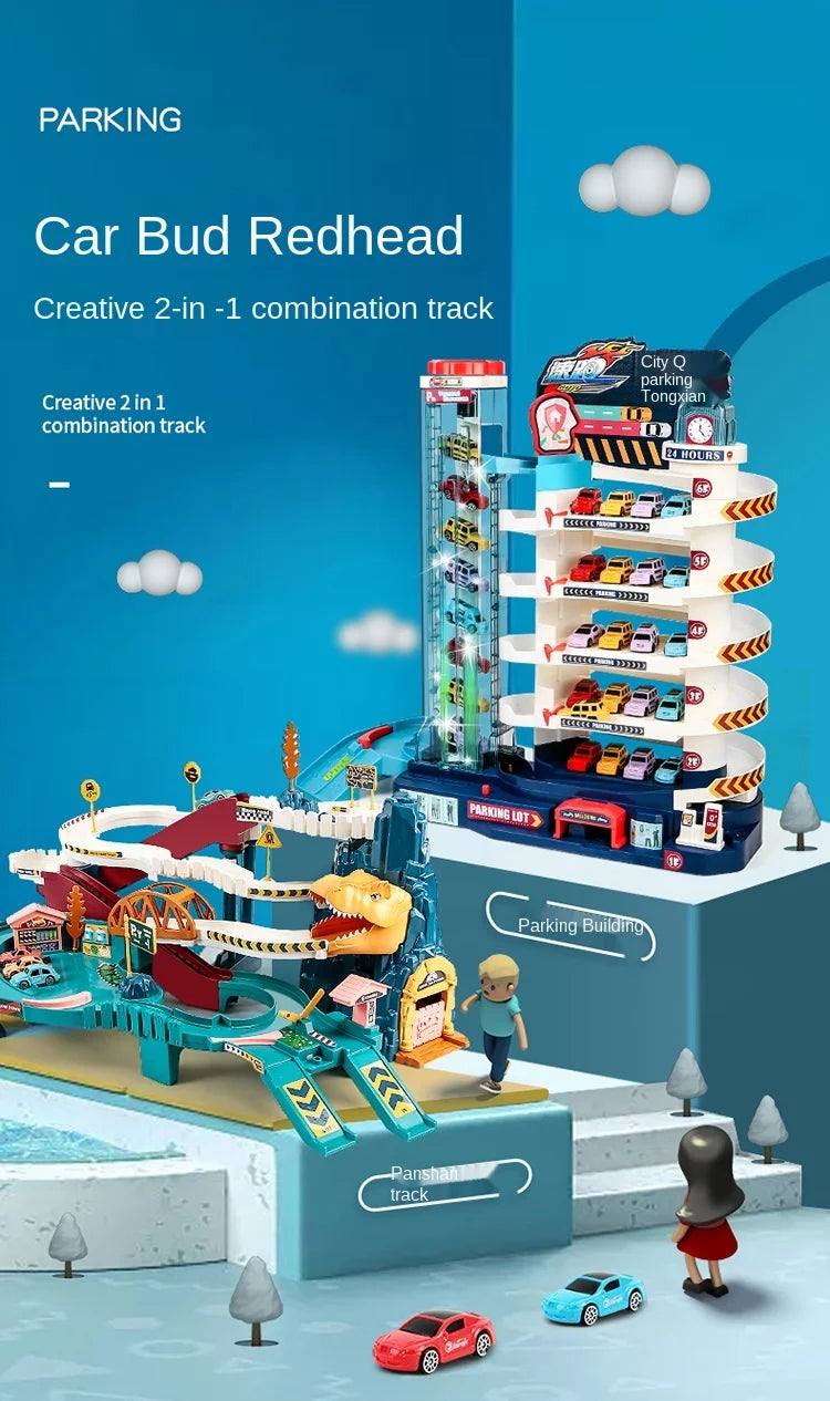 Electric Rail Car Dinosaur Building Parking Lot Adventure Racing Rail Car Toys Brain Mechanical Interactive Rail Cars
