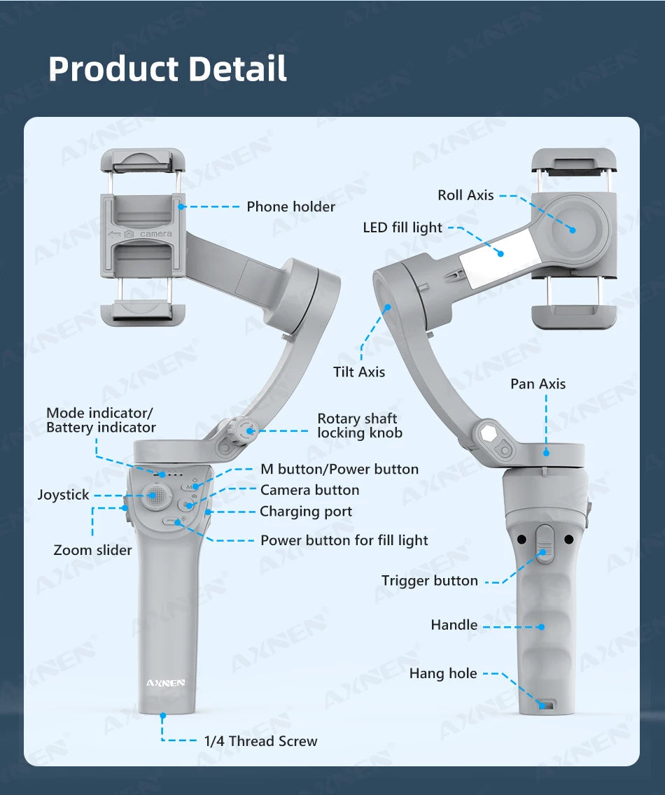 HQ6 3-Axis Gimbal Handheld Stabilizer for Cellphone, with Fill Light, Face Tracking, for iPhone Android Video Recording