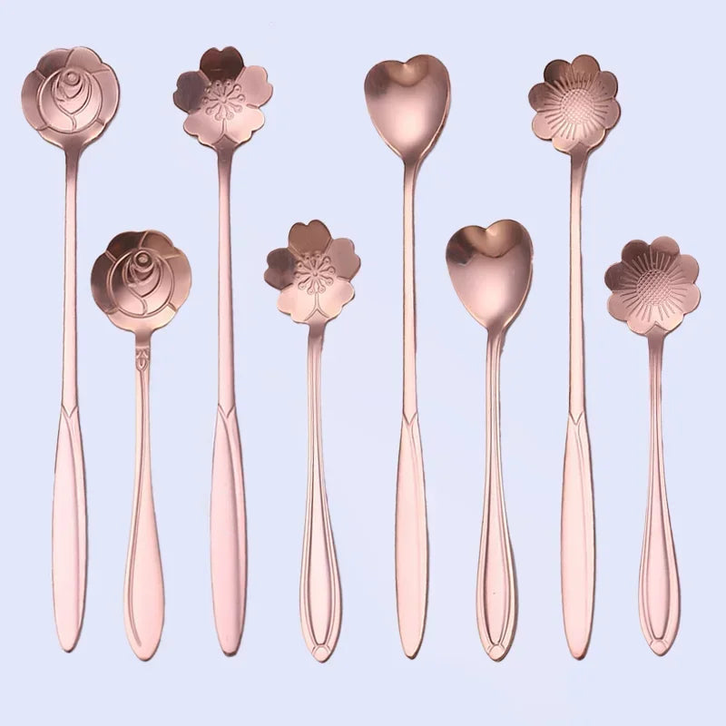 4pcs Long Flower Spoon Stainless Steel Dessert Spoons Gold Long Handle Teaspoon Mixing Scoop for Coffee Cake Kitchen Accessories