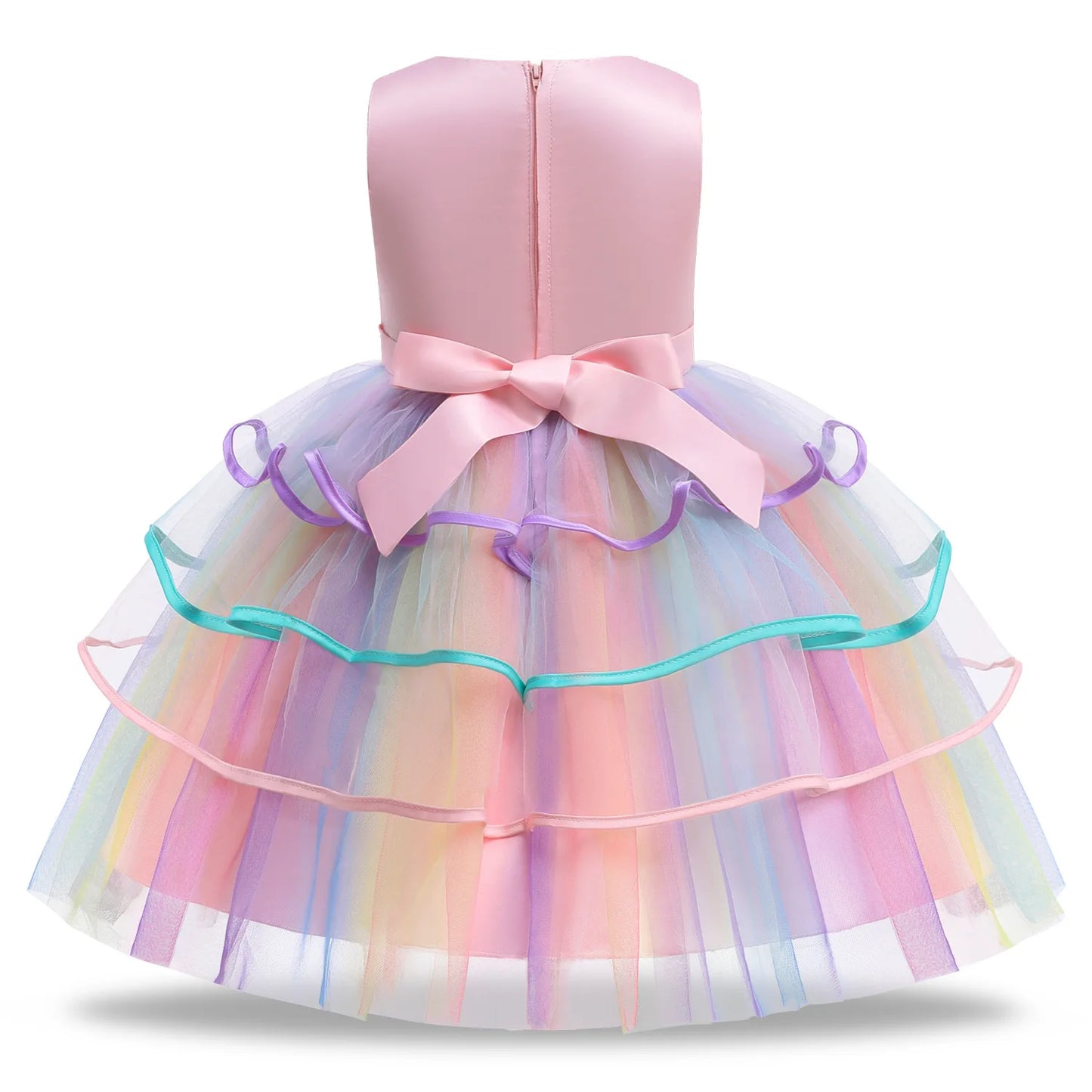 Rainbow Unicorn Princess Dress with Bow and Tulle Skirt Birthday Party Costume