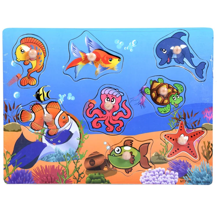 Montessori Wooden Puzzles Hand Grab Boards Toys Tangram Jigsaw  Educational Toys Cartoon Vehicle Animals Fruits 3D Puzzles