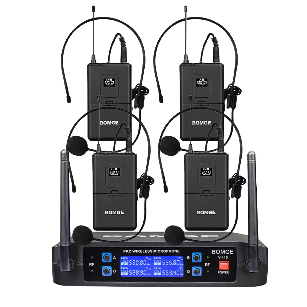 4 Channel Wireless Headset Microphone System for Stage Performances and Conferences