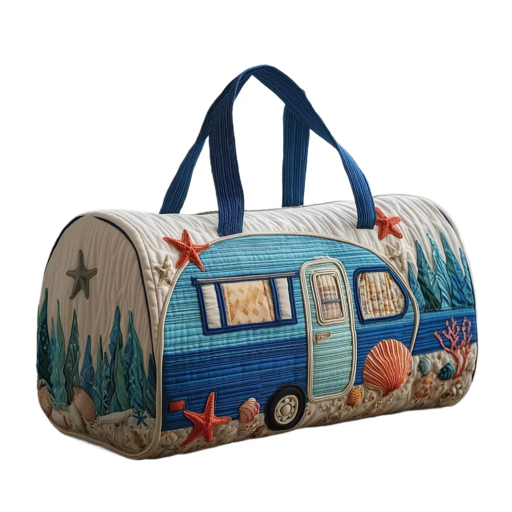 3D Printed Quilted Travel Handbag Camper Van Design with Sea Shell Starfish Lightweight Weekender Vacation Carry-On Duffel Bag