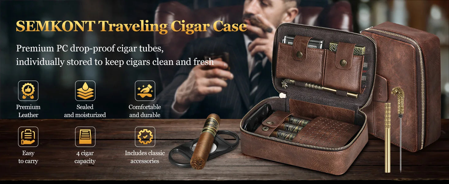Cigar Humidor, Leather Travel Cigar Case, Include 4 Cigar Tubes & Humidifier, Cigar Draw Enhancer and Multifunction Cigar Cutter