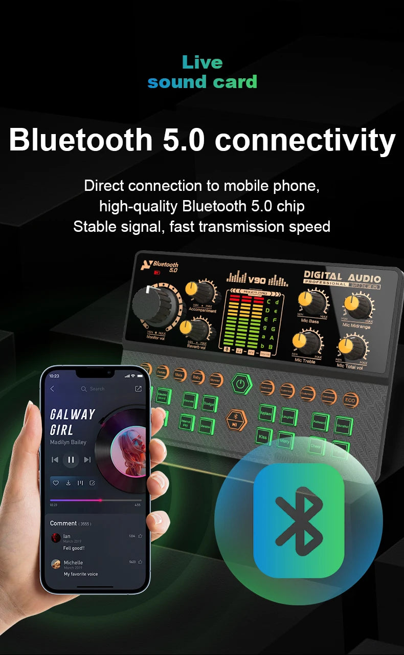 Gaming Audio Mixer,Streaming Mixer with Audio Interface BT Sound Board Voice Changer Sound Card,for PC Phone Live Streaming