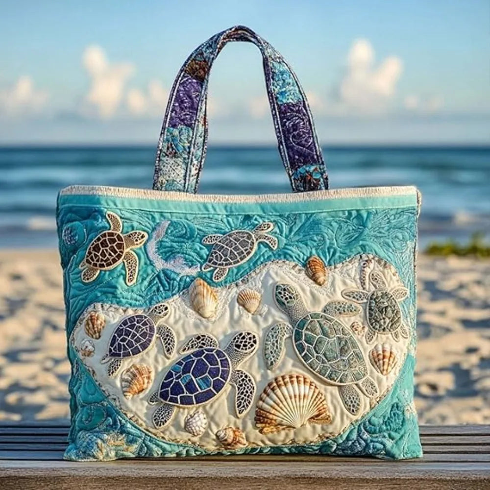 Turtle Print Quilted Canvas Tote Bag Large Capacity Shoulder Handbag