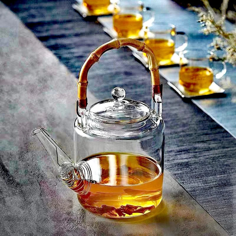 1350ml Bamboo Handle Beam Tea Pot Heat Resistant Glass Teapot With Filter Flower Tea Kettle Kungfu Lifting Beam Tea Pot Teaware