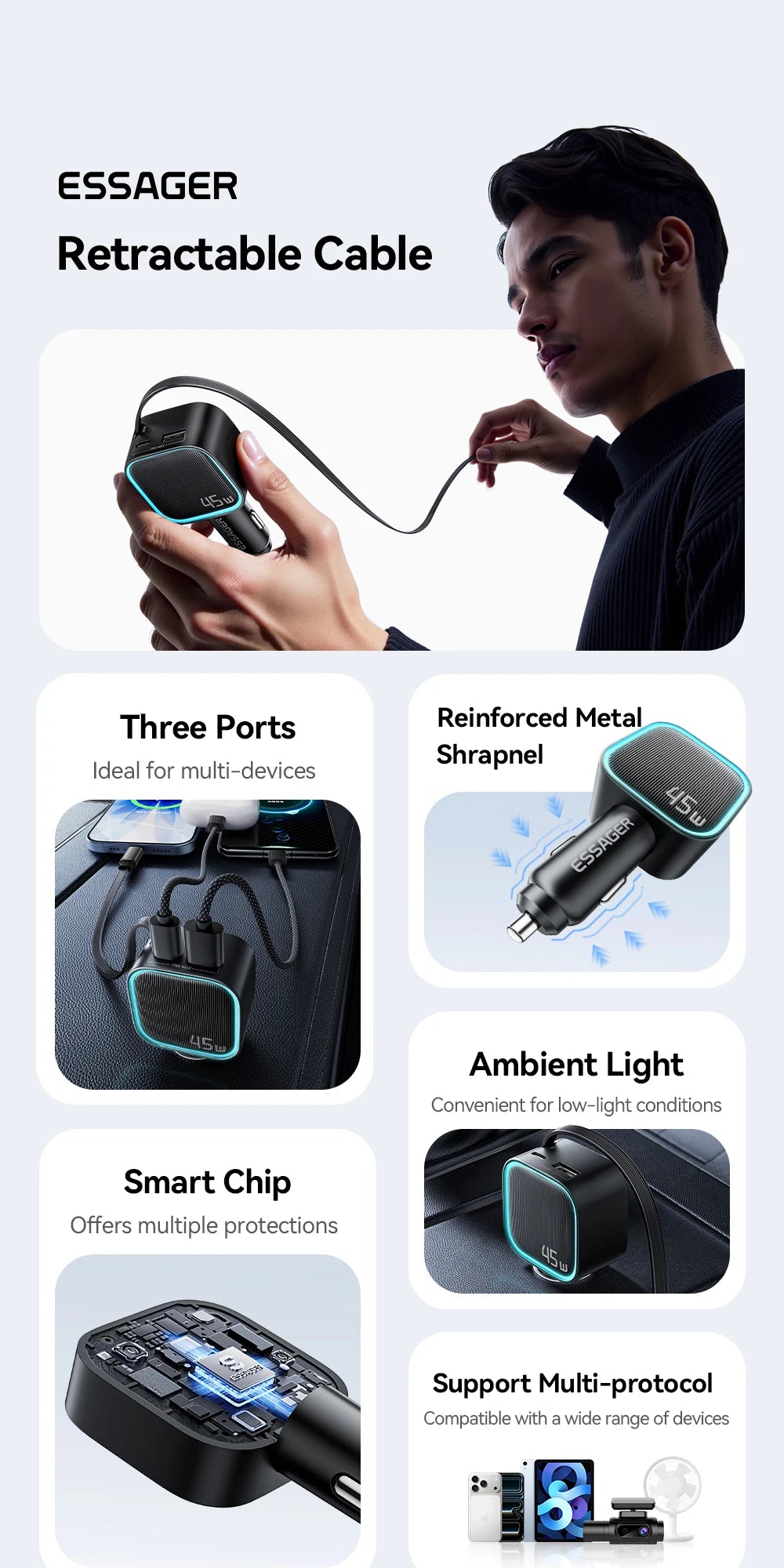 45W Car Charger with 75CM Retractable Cable PD Fast Charging USB C & USB A 3 Port Adapter