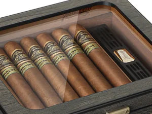 Cigar Humidor, Glass Top Desktop Box with Digital Thermo-Hygrometer, Humidifier, Divider, Accessories Drawer & Combination Lock
