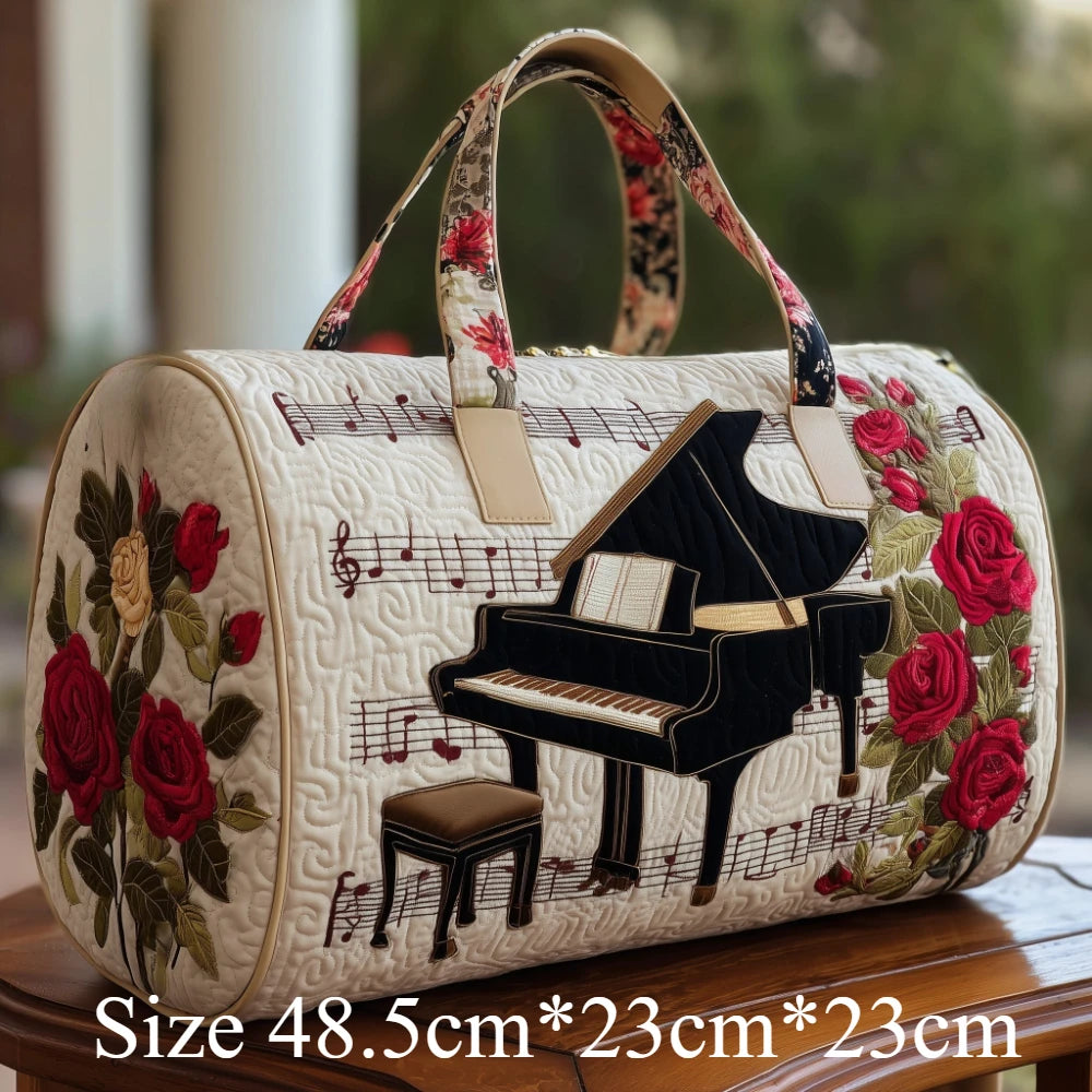 3D Printed Quilted Music Tote Bag Guitar Piano Floral Rose Design Travel Duffle Bag Carry on Luggage Unique Weekender Bag