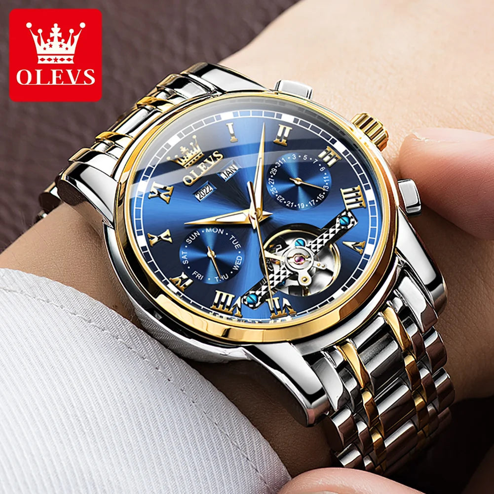 Original Automatic Watch Date Calendar Skeleton Hollow Stainless Steel Business Wristwatch Men Mechanical Watch