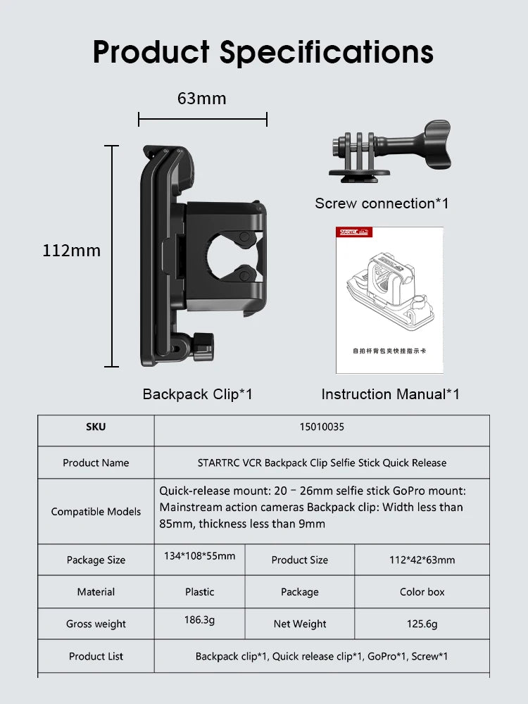 Quick Release Backpack Clip Mount for Action Cameras and Selfie Sticks