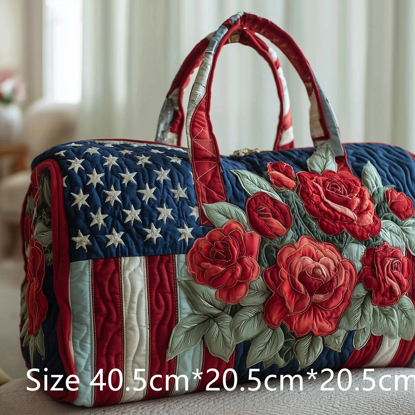Women Vintage Patriotic Stars Stripes Quilted Duffel Bag Handmade 3D Rose Cardinals Print Weekender Bag Travel Gym Overnight Bag