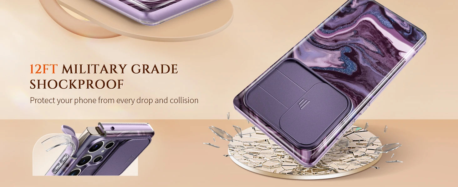 For Samsung Galaxy S24 Ultra Case with 2 Front Frames Slide Camera Lens Protection Heavy Duty Shockproof Marble Phone Case Cover