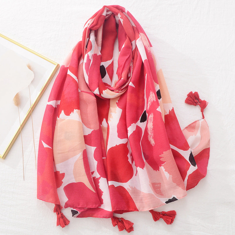 Spring Scarf Pink Blue Floral Paisley Printed Scarves Women Lady Girl Cotton Linen Bohemian Scarf For Summer Beach Shawl Bandana